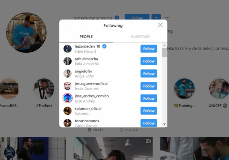 Chelsea's Hazard followed by Ramos on Instagram