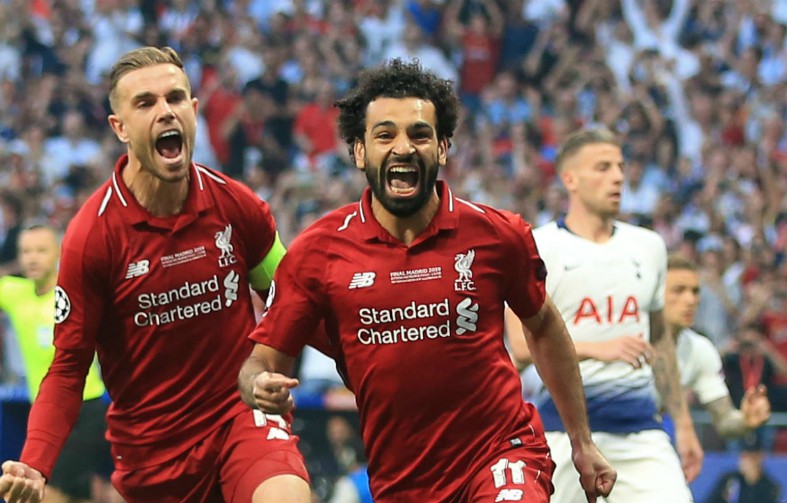 Mohamed Salah celebrates scoring vs Tottenham in the Champions League final