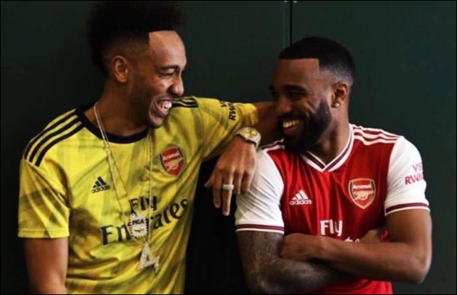 Pierre-Emerick Aubameyang and Alexandre Lacazette show off Arsenal's 2019/2020 shirts
