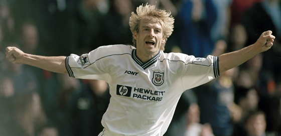 Jurgen Klinsmann celebrates for Tottenham Hotspur