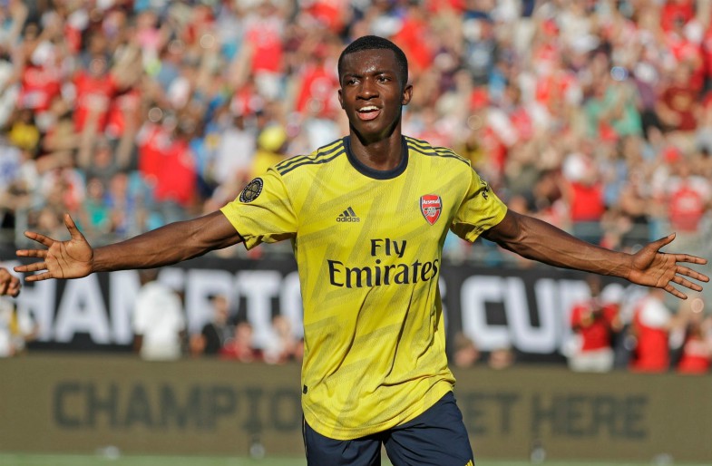 Eddie Nketiah celebrates a goal for Arsenal