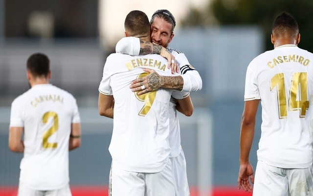 Benzema and Ramos celebrate for Real Madrid