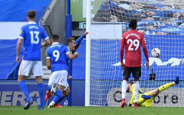 Solly March scores against Manchester United