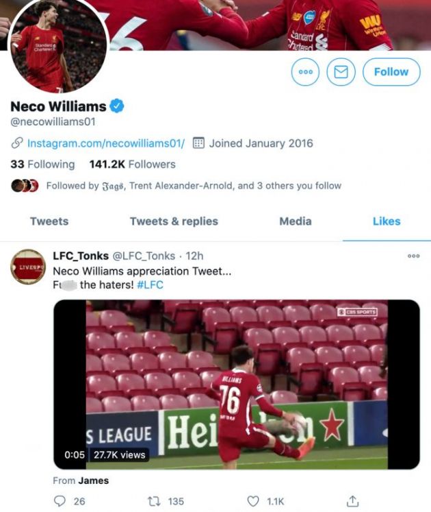 Neco Williams likes 'fuck the haters' tweet