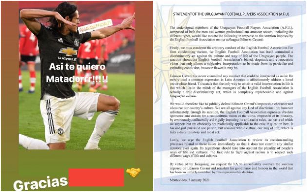 Uruguayan PFA react to Cavani ban by FA