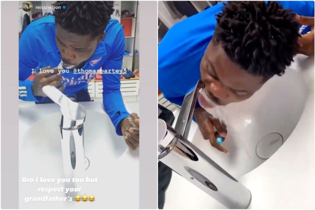 Reiss Nelson jokes with Partey about brushing teeth at training ground