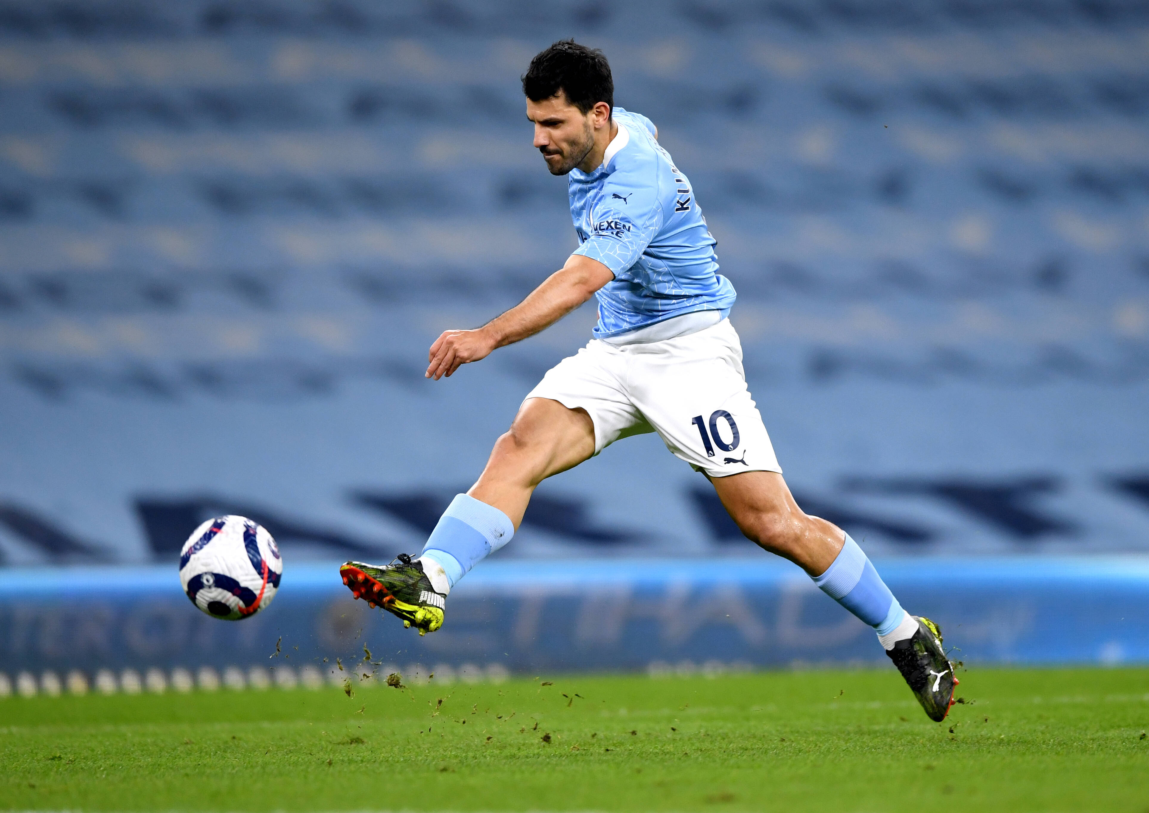 Manchester City v Southampton - Premier League - Etihad Stadium Manchester City s Sergio Aguero has a shot on goal durin