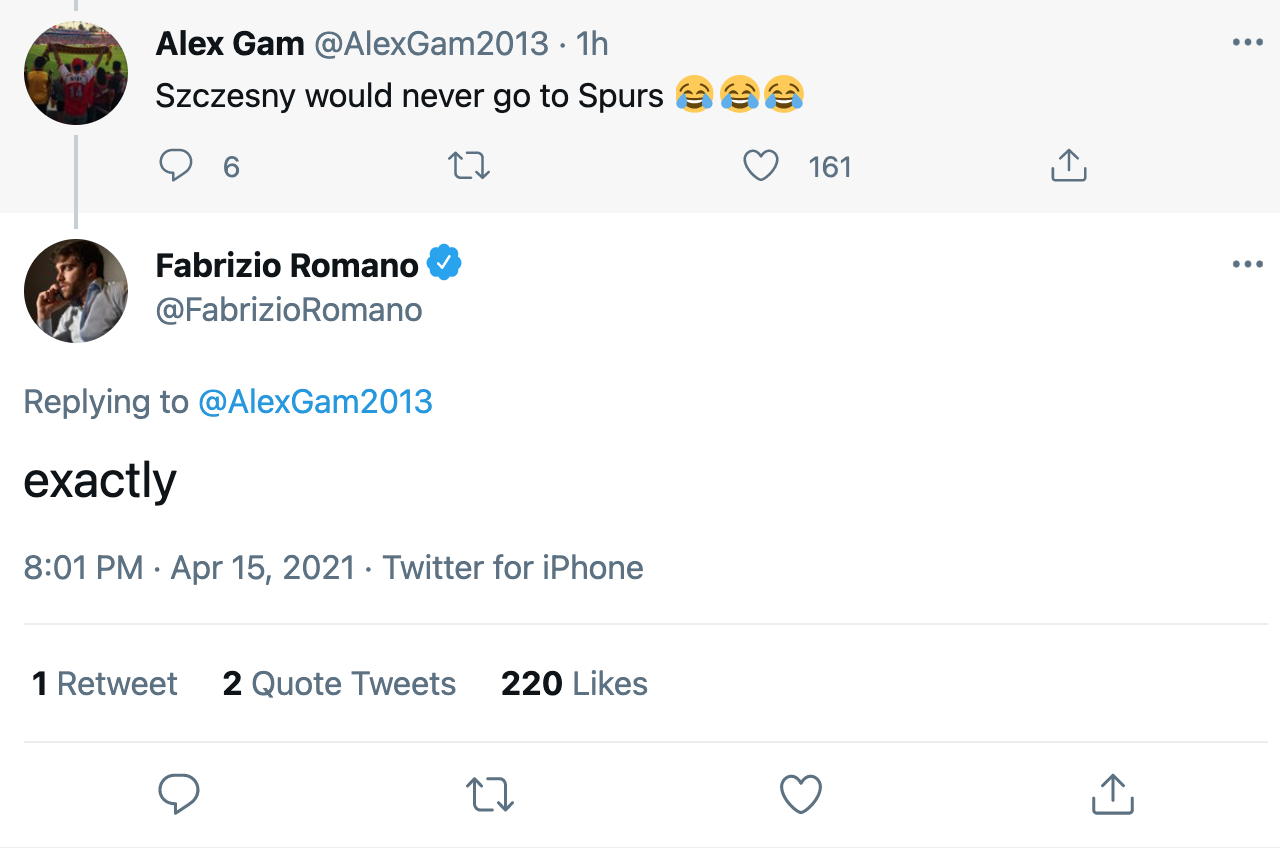 No Chance Romano On Ex Arsenal Star Szczesny To Spurs