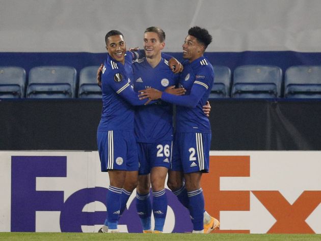 Tielemans, Praet and Justin celebrate for Leicester
