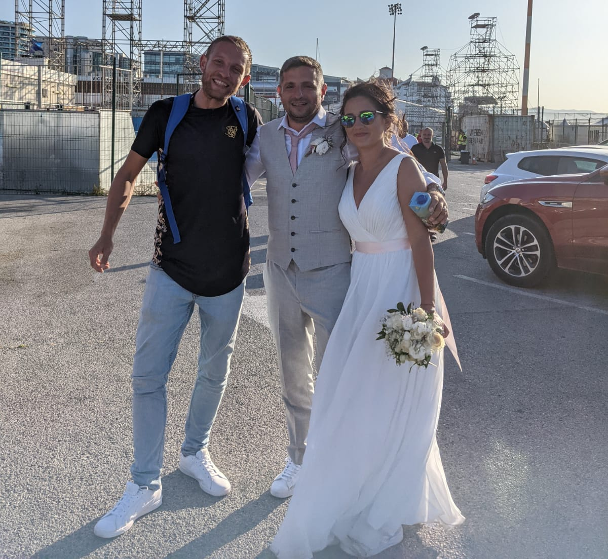 Ben Horlock with newly-married couple at Victoria Stadium