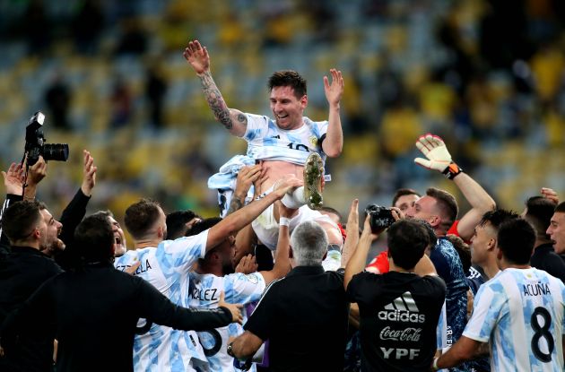 Lionel Messi lifted after winning Copa America with Argentina