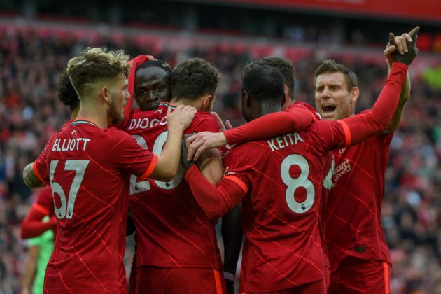 Elliott, Mane, Jota, Keita and Milner celebrate for Liverpool vs Norwich