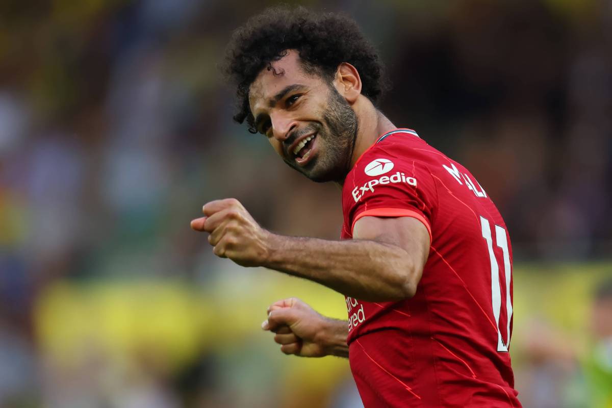 Mohamed Salah celebrates a goal fro Liverpool against Norwich City