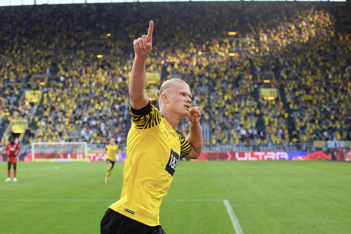 Erling Haaland celebrates a goal for Borussia Dortmund