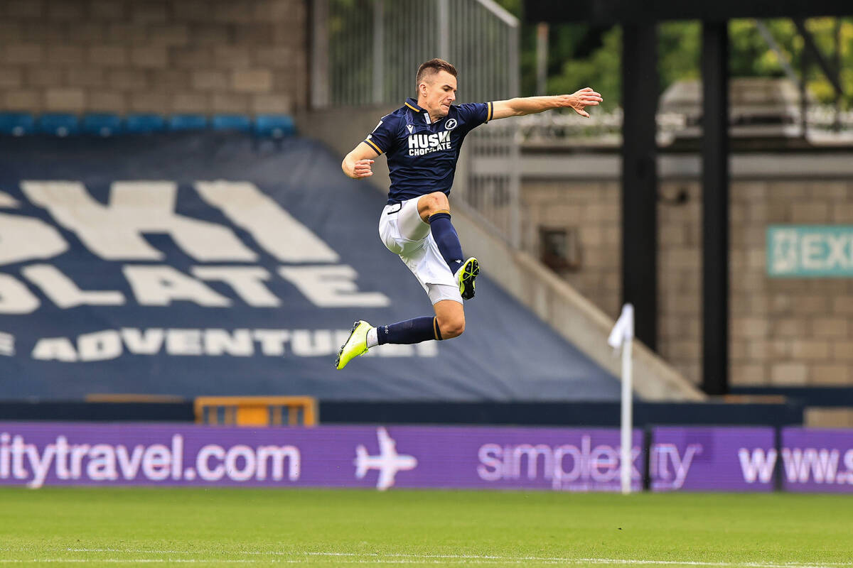 Jed Wallace celebrates a goal for Millwall against Blackpool in the Sky Bet Championship