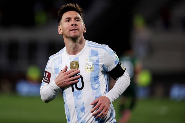 Argentina s Lionel Messi celebrates after scoring against Bolivia during a match amid the South American qualifiers for