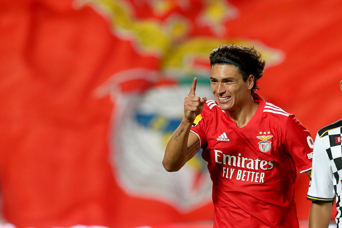 Man City target Darwin Nunez celebrates a goal for Benfica
