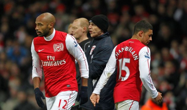 Alex Oxlade-Chamberlain being subbed off for Arsenal team-mate Thierry Henry in 2012