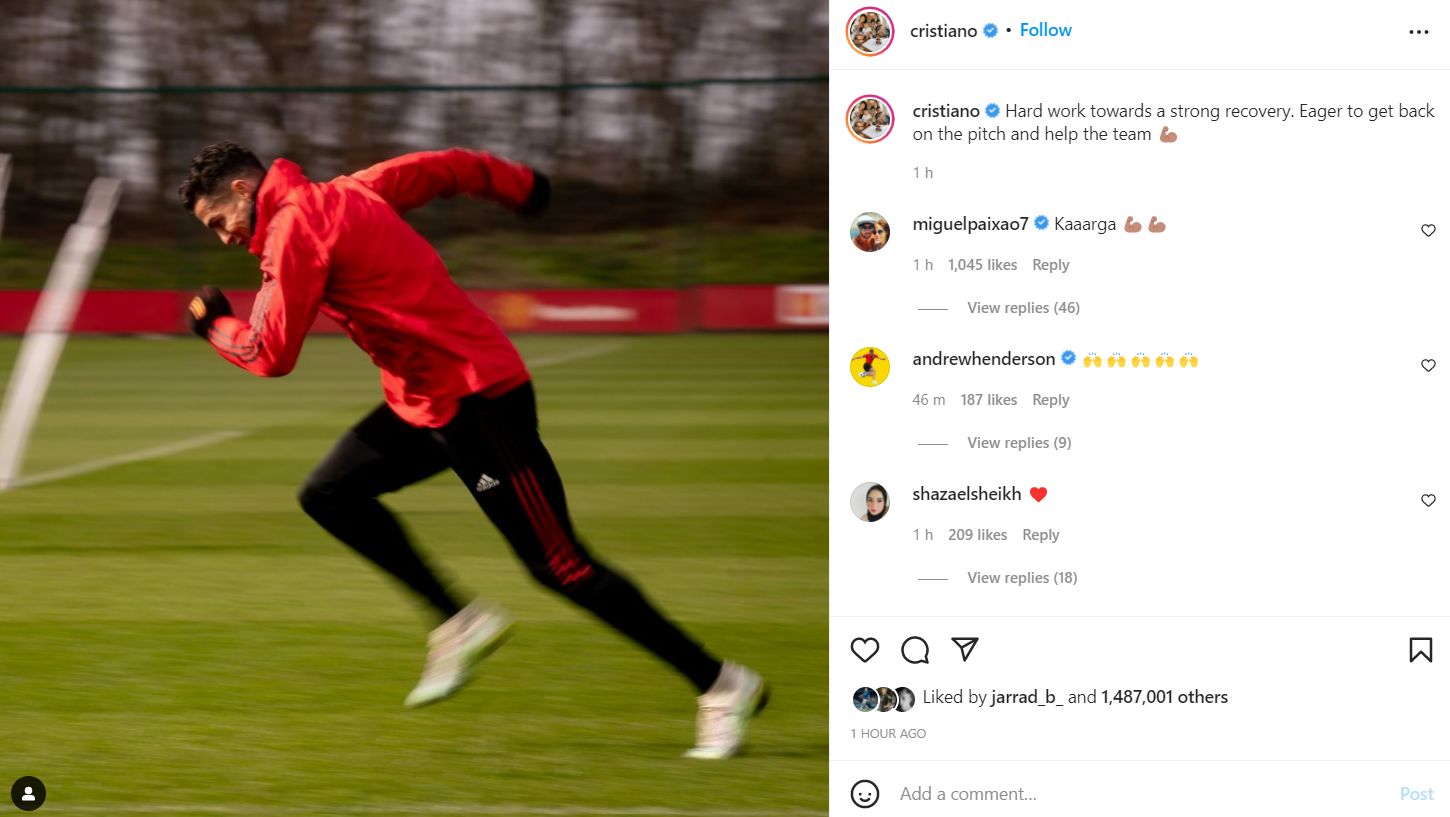 Cristiano Ronaldo says he's 'back on track' in Instagram post as