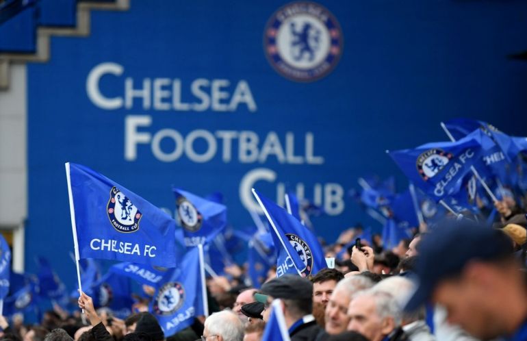 General view of Chelsea fans in front of a 'Cyprus Blues' banner