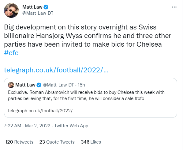 A third prospective buyer for Chelsea has been identified as Swiss billionaire Hansjorg Wyss. 16 law tweet cfc buyer