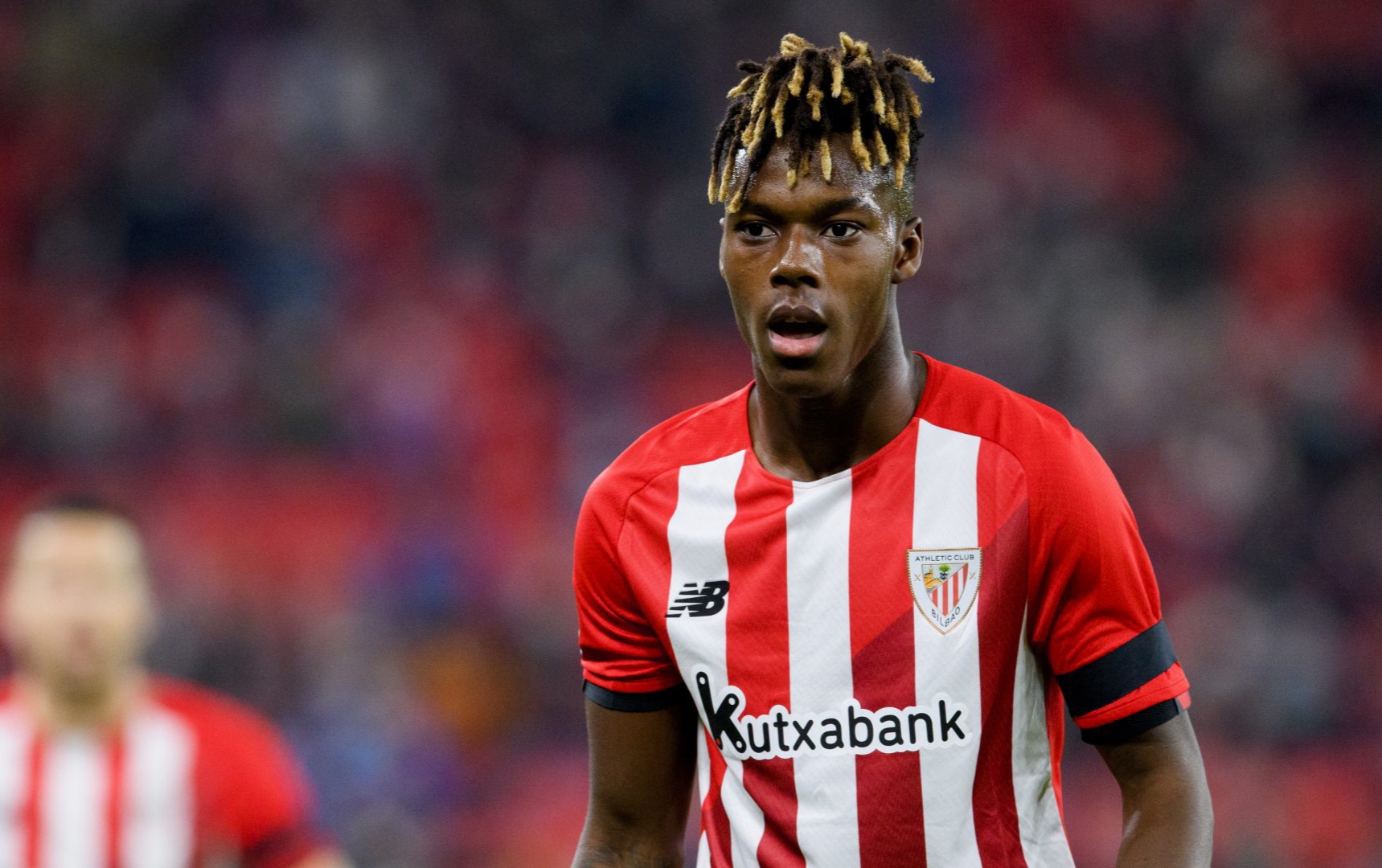  Athletic Bilbao winger Nico Williams playing soccer during a match.