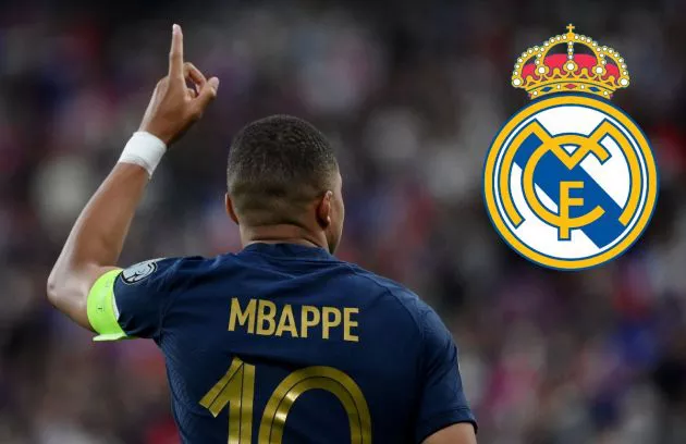 A photo of Kylian Mbappe playing for France next to a superimposed image of the Real Madrid club crest