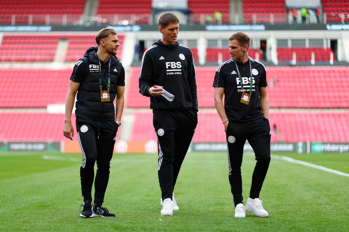 (L-R) Kiernan Dewsbury-Hall, Jannik Vestergaard and Marc Albrighton of Leicester City