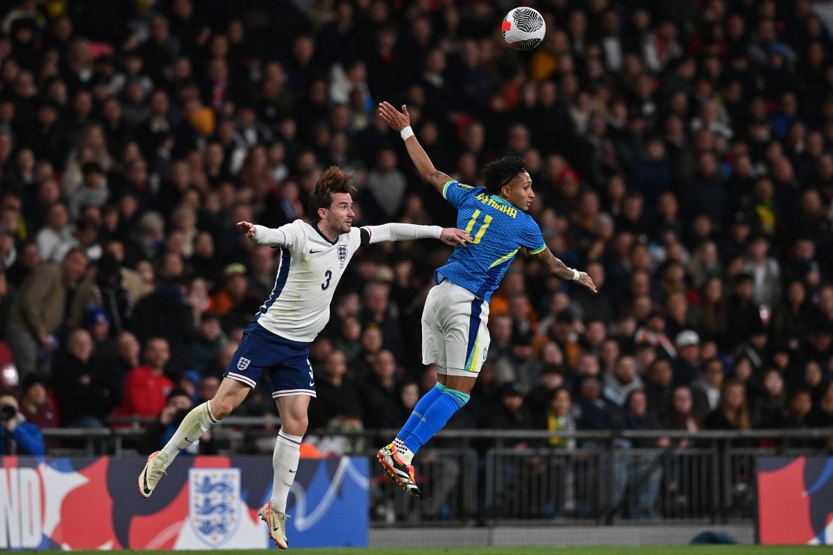 Chelsea's Ben Chilwell in action for England vs Brazil