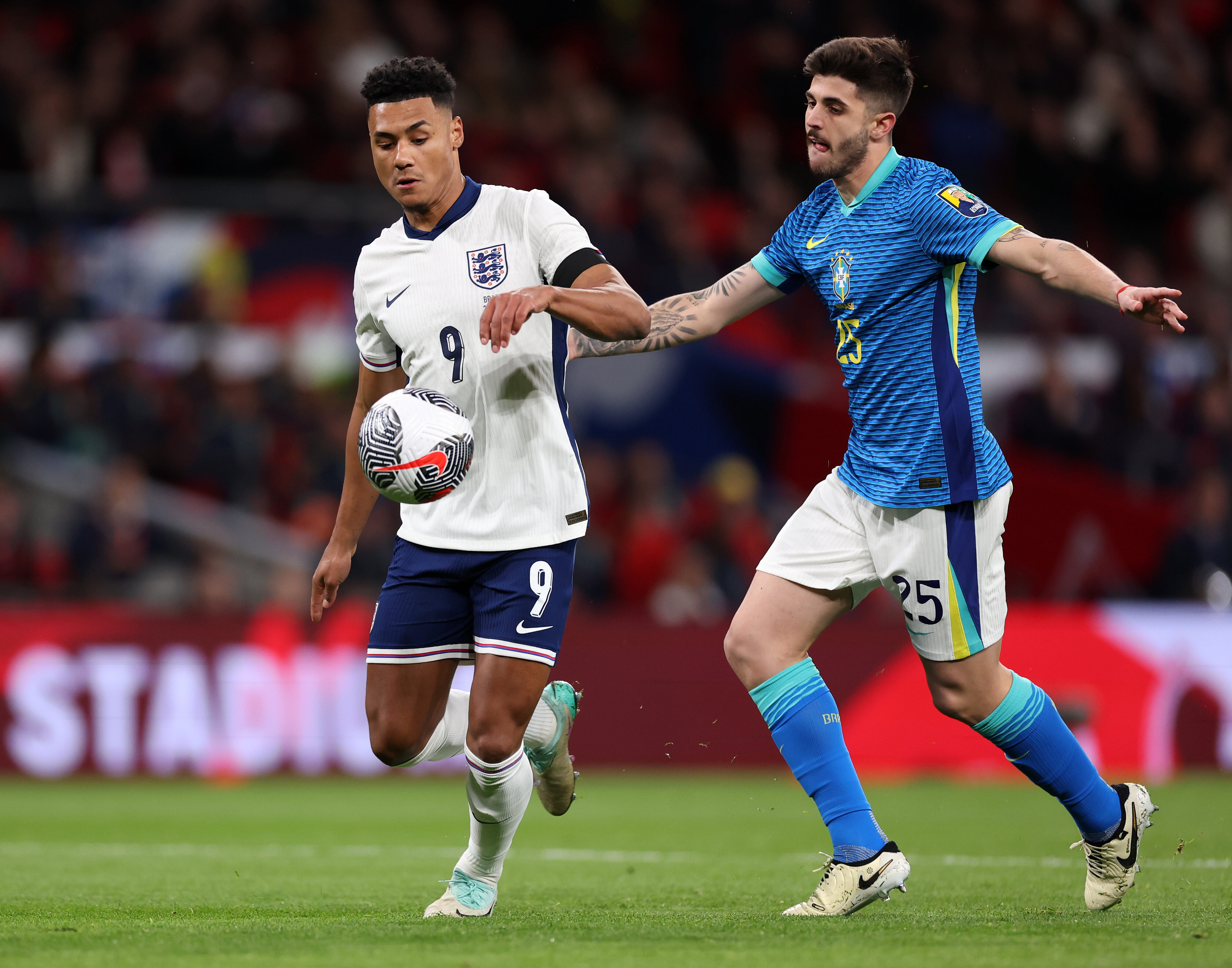 Watch: Ollie Watkins misses huge chance to put England ahead against Brazil