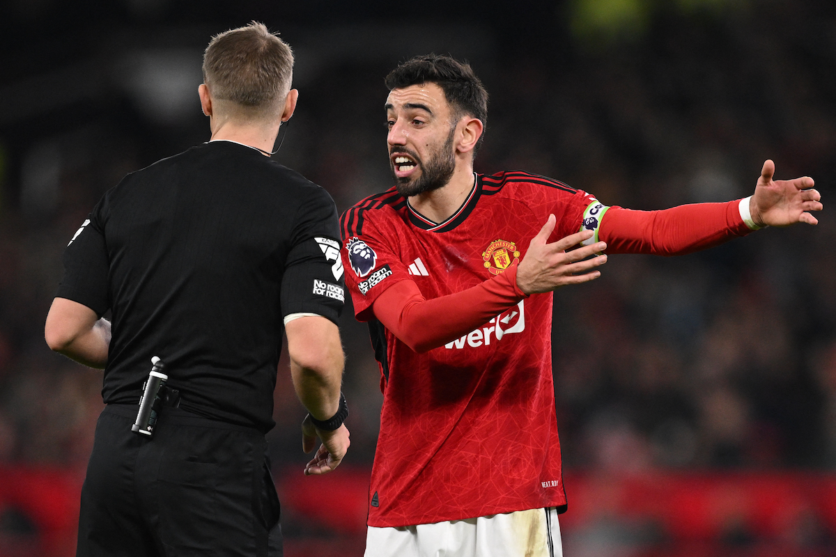 Bruno Fernandes protests at a referee while in action for Man United.