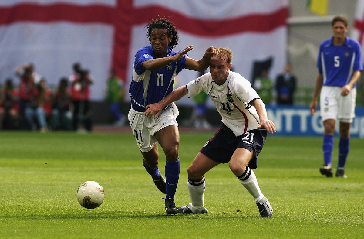 Ronaldinho in action for Brazil vs England during the 2002 World Cup quarter-finals.