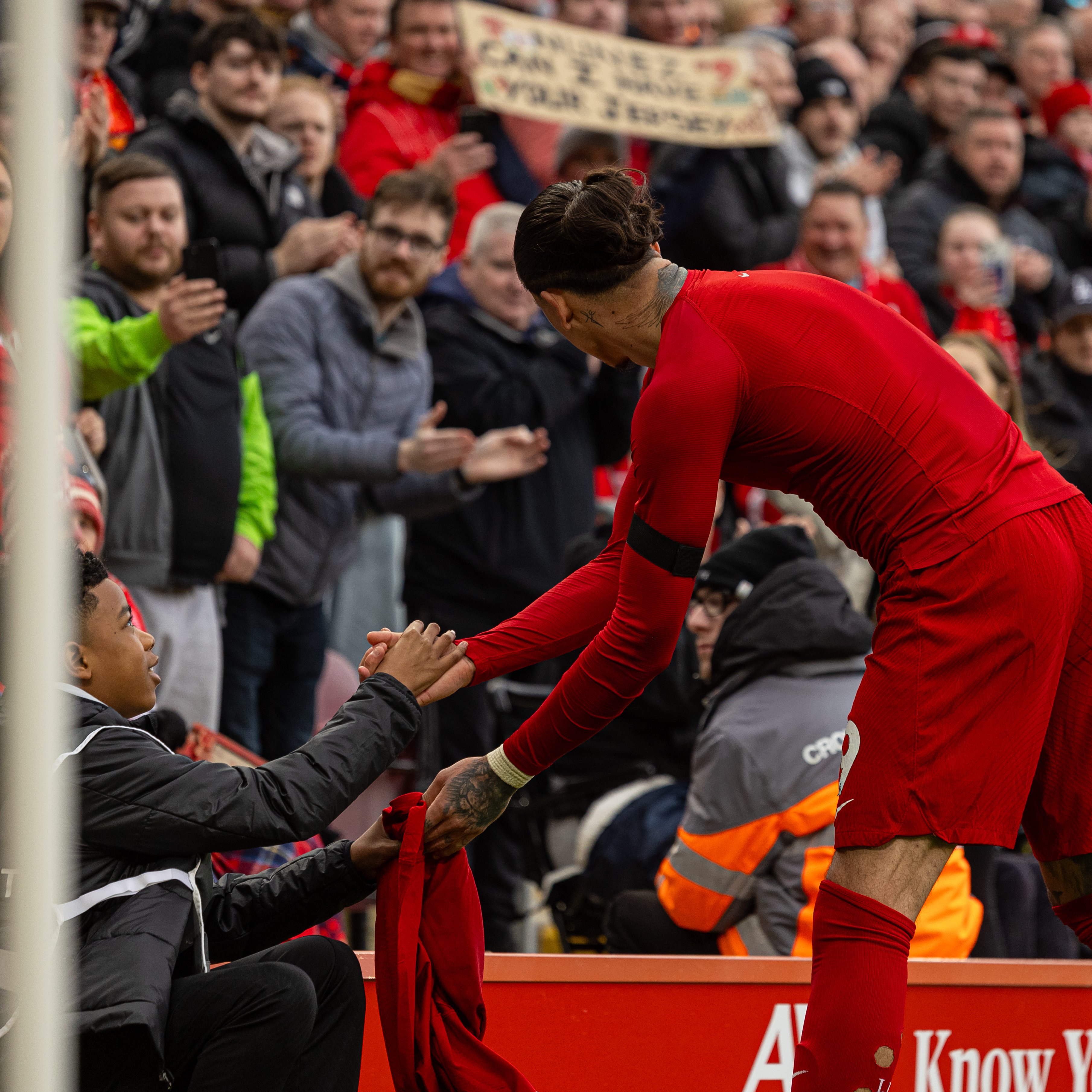 Darwin Nunez hands shirt over to Liverpool ball boy