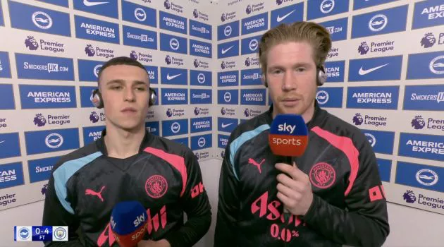 Kevin De Bruyne and Phil Foden react to Brighton win.
