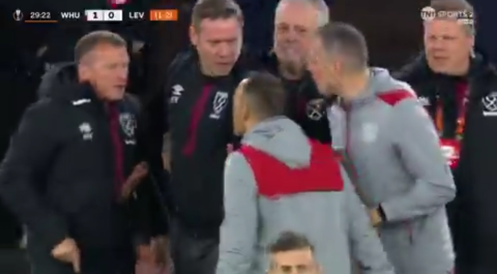 Video: Hammers coach sent off after it all kicks off on the touchline between West Ham and Leverkusen