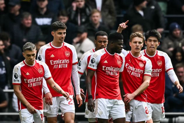 Arsenal's German midfielder #29 Kai Havertz (2nd L) celebrates with teammates after scoring his team third goal during the English Premier League football match between Tottenham Hotspur and Arsenal at the Tottenham Hotspur Stadium in London, on April 28, 2024. / RESTRICTED TO EDITORIAL USE. No use with unauthorized audio, video, data, fixture lists, club/league logos or 'live' services. Online in-match use limited to 120 images. An additional 40 images may be used in extra time. No video emulation. Social media in-match use limited to 120 images. An additional 40 images may be used in extra time. No use in betting publications, games or single club/league/player publications.