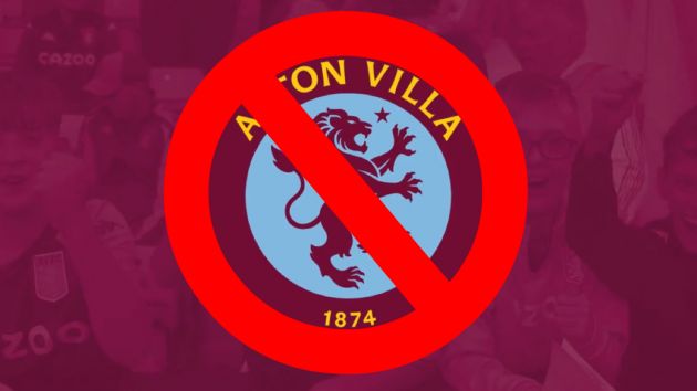A photo of Aston Villa's circular club crest with a no entry sign over the top of it