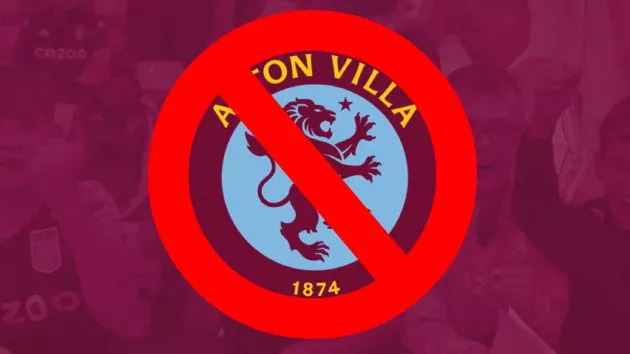 A photo of Aston Villa's circular club crest with a no entry sign over the top of it
