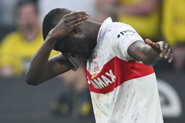 Serhou Guirassy pictured celebrating one of his 28 Bundesliga goals for Stuttgart during the 2023/24 season