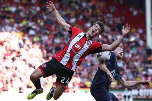 Sheffield United midfielder Ollie Arblaster pictured falling theatrically during his team's game against Tottenham on the final day of the 2023/24 Premier League season