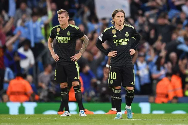 Toni Kroos and Luka Modric pictured during the UEFA Champions League second leg semi-final football match between Manchester City and Real Madrid at the Etihad Stadium in Manchester, north west England, on May 17, 2023.