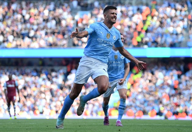 Rodri pictured celebrating his goal against West Ham at the Etihad Stadium on the final day of the 2023/24 Premier League season,.