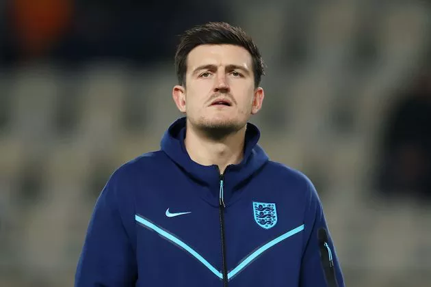 Harry Maguire of England inspects the pitch prior to the UEFA EURO 2024 European qualifier match between North Macedonia and England at National Arena Todor Proeski on November 20, 2023 in Skopje, Macedonia.