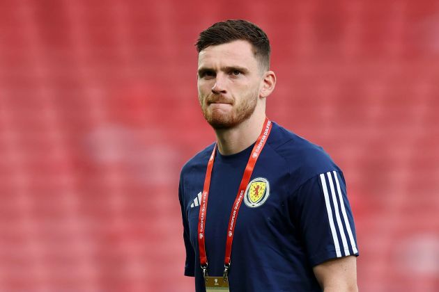 Andrew Robertson of Scotland inspects the pitch prior to the UEFA EURO 2024 qualifying round group A match between Scotland and Georgia at Hampden Park on June 20, 2023 in Glasgow, Scotland.