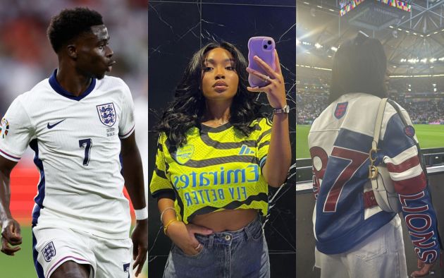 A collage showing Bukayo Saka and his girlfriend Tolami Benson