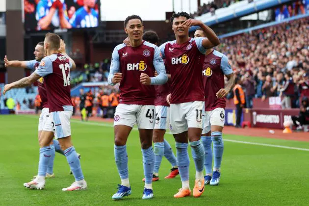 Jacob Ramsey of Aston Villa celebrates with Ollie Watkins of Aston Villa after scoring the team's fifth goal during the Premier League match between Aston Villa and Brighton & Hove Albion at Villa Park on September 30, 2023.