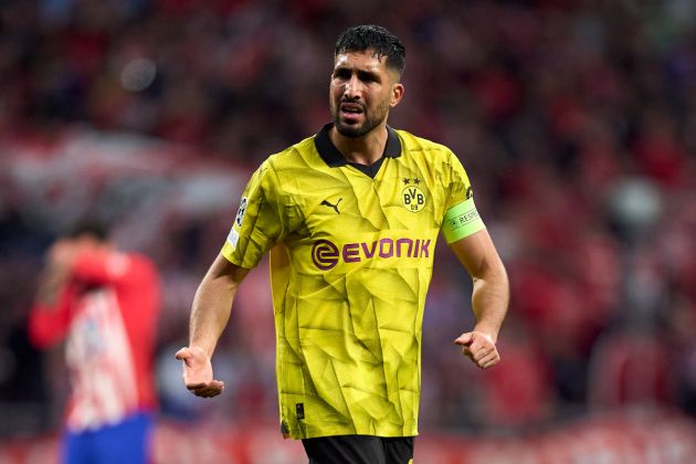 Emre Can of Borussia Dortmund reacts during the UEFA Champions League quarter-final first leg match between Atletico Madrid and Borussia Dortmund at Civitas Metropolitano Stadium on April 10, 2024 in Madrid, Spain.