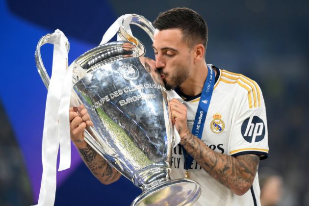 Joselu of Real Madrid kisses the UEFA Champions League Trophy after his team's victory after the UEFA Champions League 2023/24 Final match between Borussia Dortmund and Real Madrid CF at Wembley Stadium on June 01, 2024.