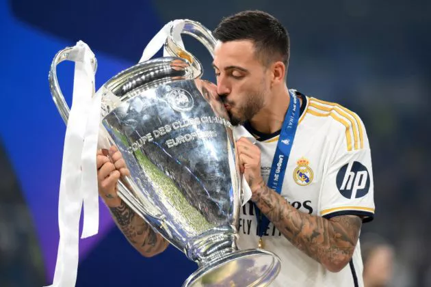 Joselu of Real Madrid kisses the UEFA Champions League Trophy after his team's victory after the UEFA Champions League 2023/24 Final match between Borussia Dortmund and Real Madrid CF at Wembley Stadium on June 01, 2024.