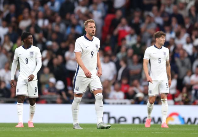 Harry Kane of England looks dejected after Jon Dagur Thorsteinsson of Iceland (not pictured) scores his team's first goal during the international friendly match between England and Iceland at Wembley Stadium on June 07, 2024